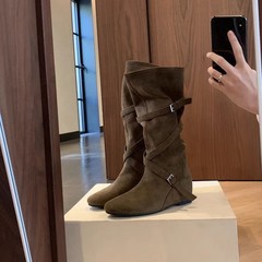 增高6cm~ 2025秋季新款韩系圆头扣带柔软褶皱显瘦高筒靴骑士靴