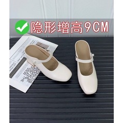 女性用包頭サンダル、太いヒール、夏用スリッパ、高級シルバーフレンチスクエアトゥスリッポン、メリージェーン