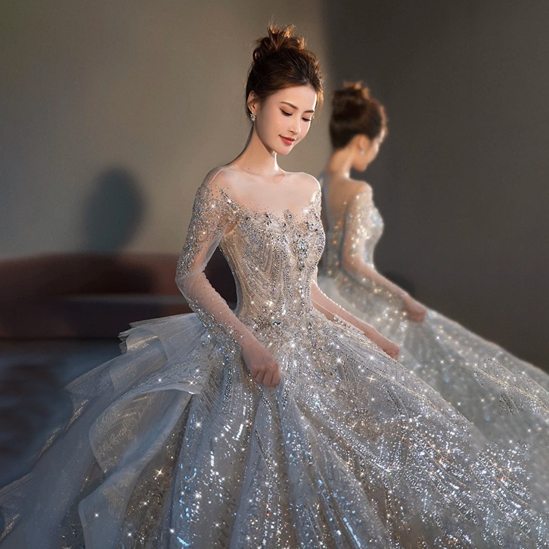 One-Shoulder French Long-Sleeved Classy Starry Sky Wedding Dress 2025 New Bridal Main Gauze Women's Classy Texture Luxury Heavy Industry