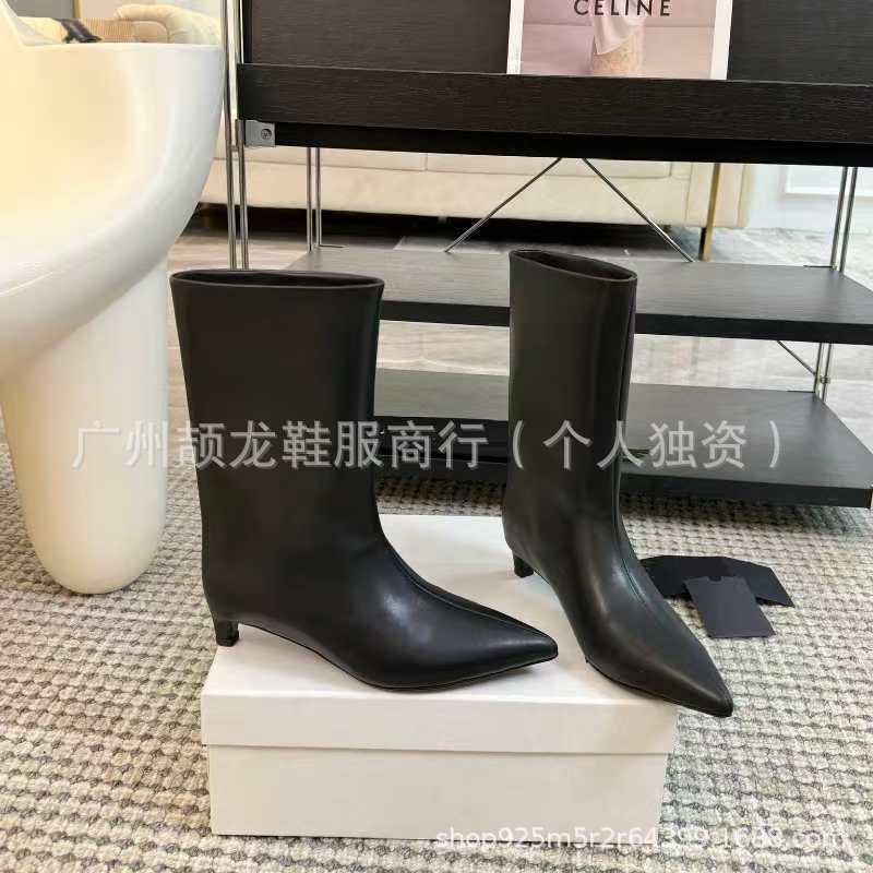高端2025秋冬时髦真皮尖头复古猫跟显瘦中筒靴女宽筒时装单靴裸靴|undefined