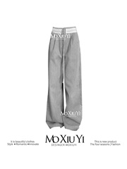 MoXiuYi【现货】线条艺术家 蕾丝拼接条纹直筒休闲裤女夏阔腿裤子