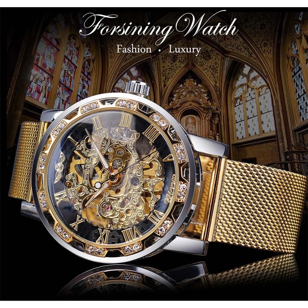 Vinnare Manual Mechanical Watch Herrs populära Rhinestone Hollow Mesh Band Watch Mode och fritid_voghion.com