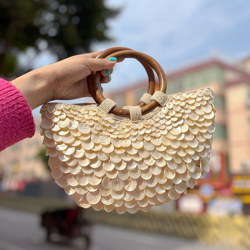 547g Weight Polyester Lining Material Weave Fashion Element Open Closure Type Single Shoulder Strap Strap Type Handbag Bags Type Casual Occasion Polyester Material Shell Pattern All Seasons Season Women's Gender Vacation Style Semicircle Shape Medium Size Women's Medium Polyester Shell Vacation Weave Semicircle Open Handbag 11
