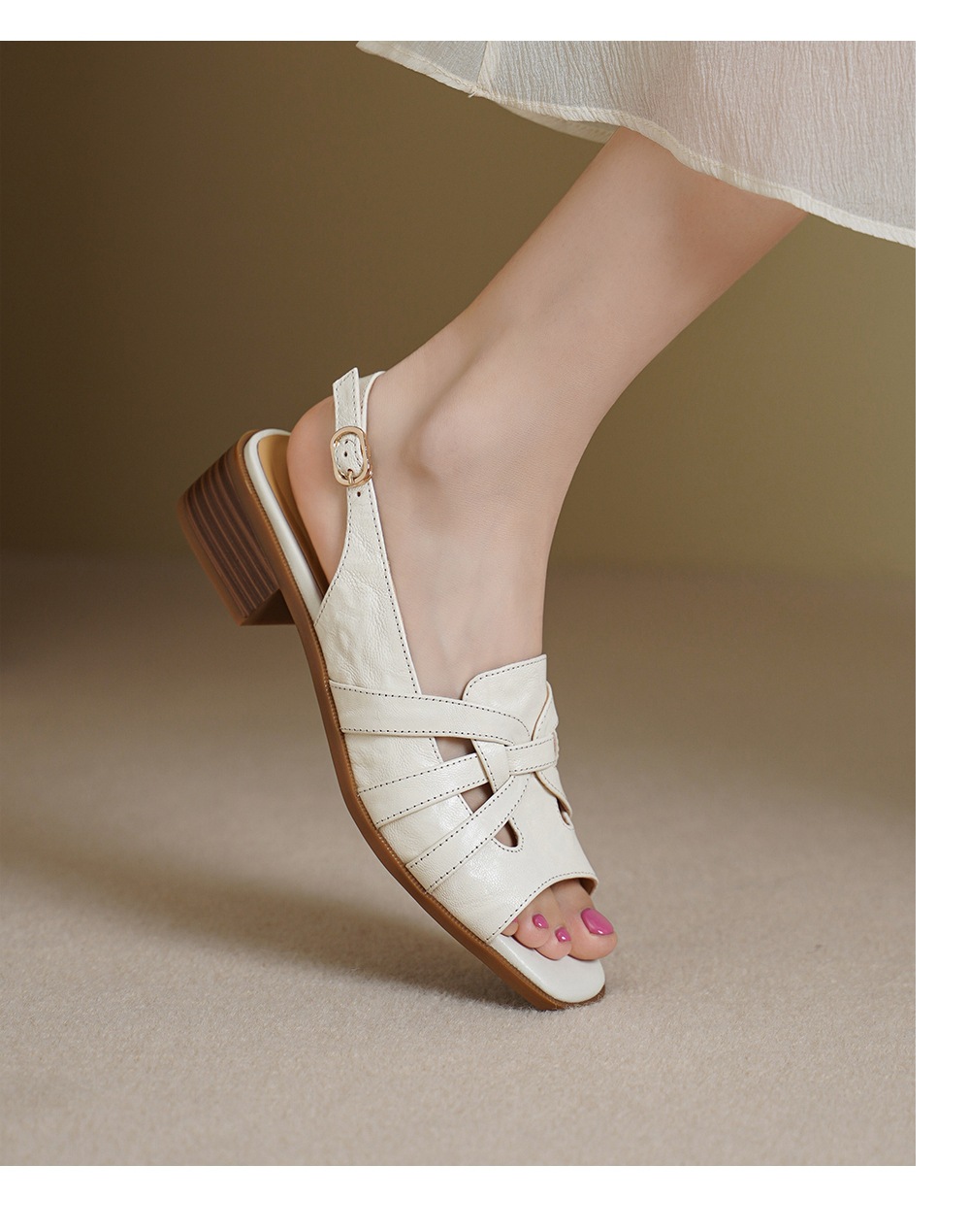 Sandal nữ hở mũi da cừu gót thô phong cách La Mã quai chữ T — đen chi tiết 6