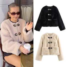 跨境2025欧美风女装新款弹簧扣饰抓绒夹克外套上衣女夹克A14003