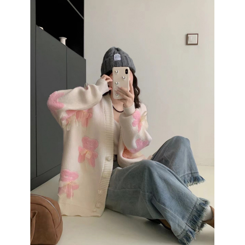 高级感超好看蝴蝶结圆领毛衣女秋冬外套宽松慵懒风爆款洋气上衣潮|undefined