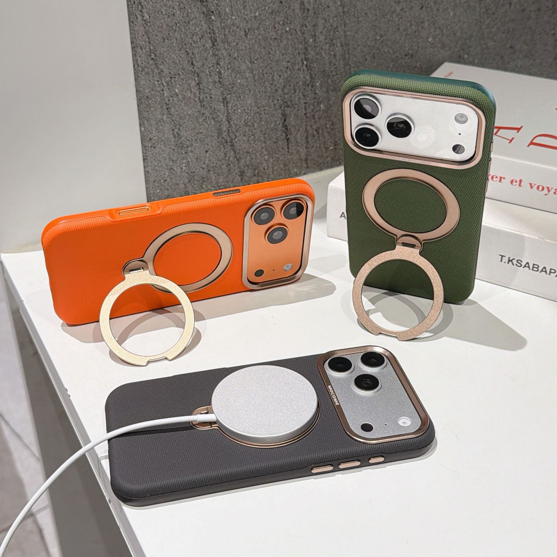 Ốp lưng da iPhone 16/17 Pro Max có vòng xoay 360 độ, nam châm hút, chống sốc viền dày — Đen, Nâu, Tím, Xanh dương chi tiết 14