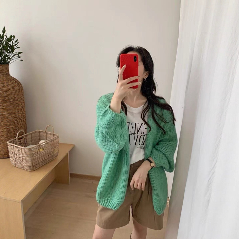 韩系秋冬新款宽松纯色粗针v领简约灯笼袖毛衣开衫长袖开衫外套|undefined