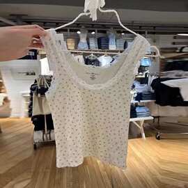 BM风Brandy同款棉圆领蓝碎花蕾丝背心女bm美式修身内搭吊带上衣潮