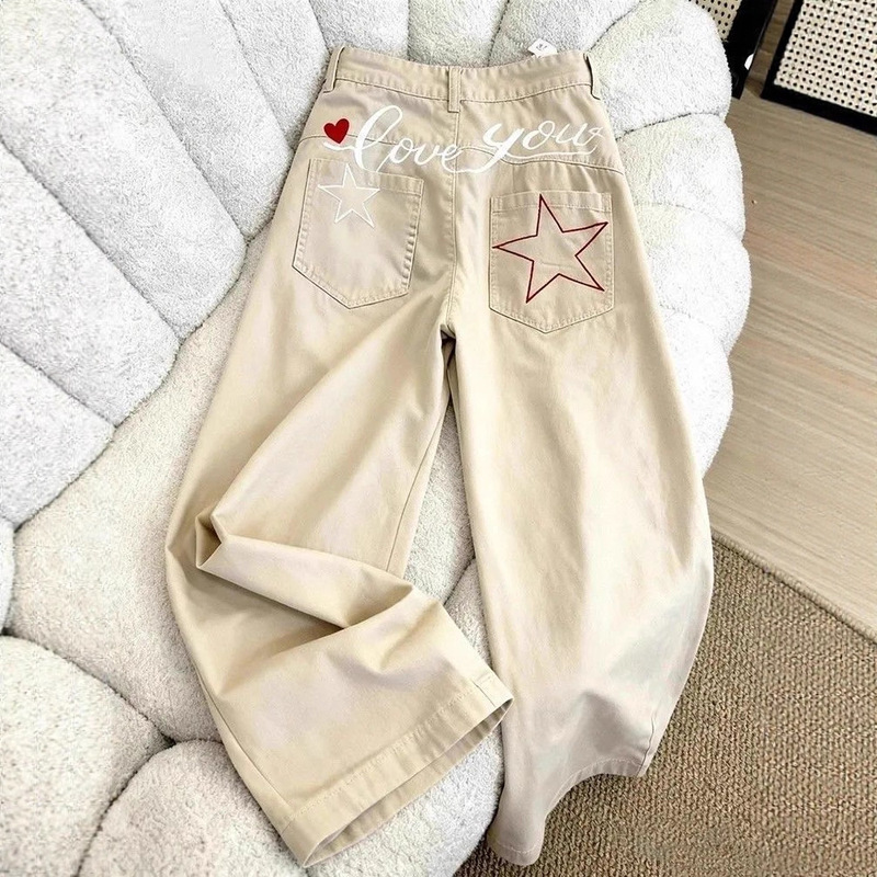 【Han Niu Premium Selection】Hot-Selling Loose Straight-Leg Casual Pants for Women with Star Letter Embroidery Design Jeans for Women 【Han Niu Premium Selection】Hot-Selling Loose Straight-Leg Casual Pants for Women with Star Letter Embroidery Design Jeans for Women