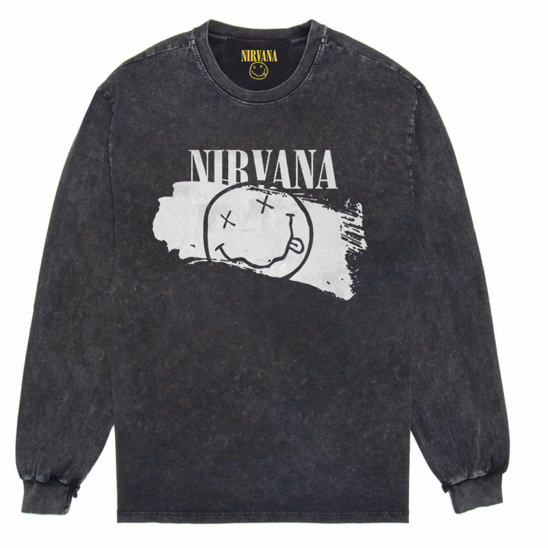 Nirvana Vintage American retro apenado rock punk angustiado lavado batik Camiseta de manga larga
