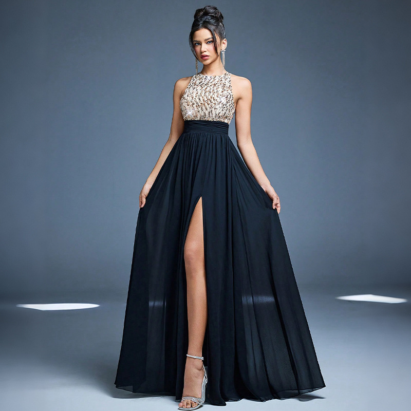 New Cross-Border Evening Dress for Women, Gold Sequin Patchwork Black Chiffon Long Dress with High Slit, Slimming Party Dress New Cross-Border Evening Dress for Women, Gold Sequin Patchwork Black Chiffon Long Dress with High Slit, Slimming Party Dress