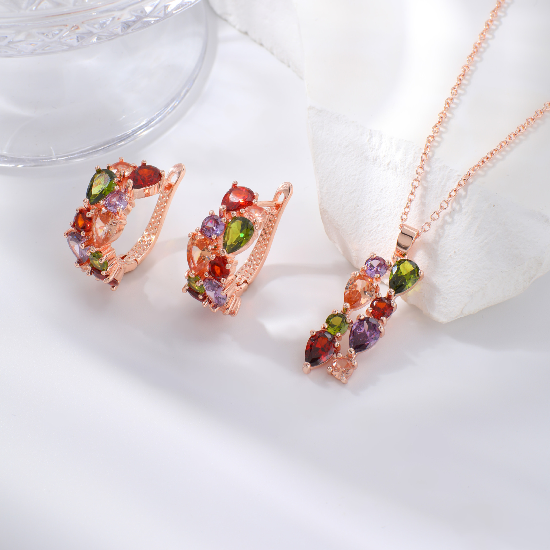 Kashi joyería traje Mona Lisa circón collar pendientes colorido collar pendientes conjunto de dos piezas al por mayor femenina