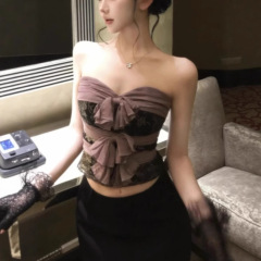 【古董情书】紫金色中古蕾丝抹胸女蝴蝶结拼接修身上衣