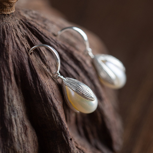 Ganjia s925 sterling silver earrings, pearl earrings, retro style earrings, female earrings, gift for mom, bud ear hooks