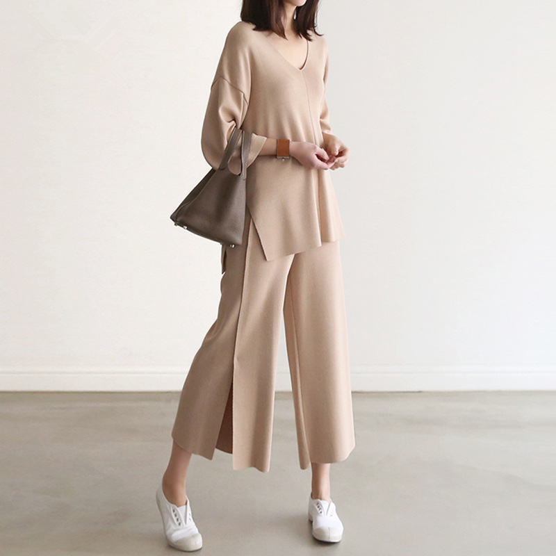 tender knitting suit Taoku Autumn new pattern jacket Split ends Wide leg pants fashion temperament Two piece set