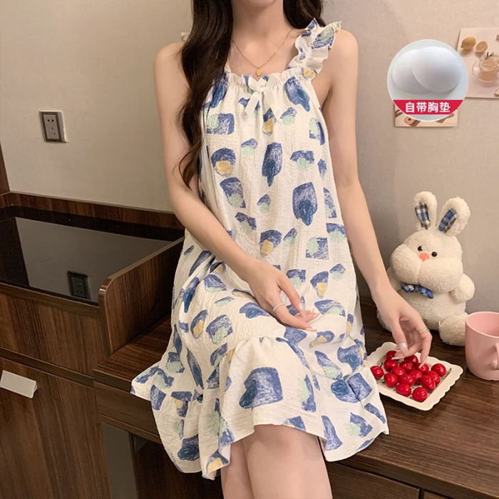 Venta al por mayor transfronteriza nuevo estilo verano honda almohadilla para el pecho pijama mujer lindo dulce y cómodo paño arrugado burbuja camisón de longitud media