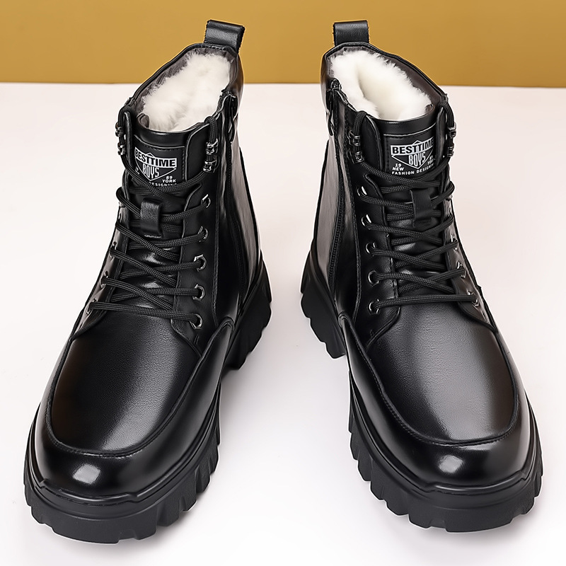 Invierno de piel de vaca de cabeza, nuevos zapatos de algodón para hombres, lana de cuero caliente, botas de alta resistencia, botas de cuero para hombres al aire libre