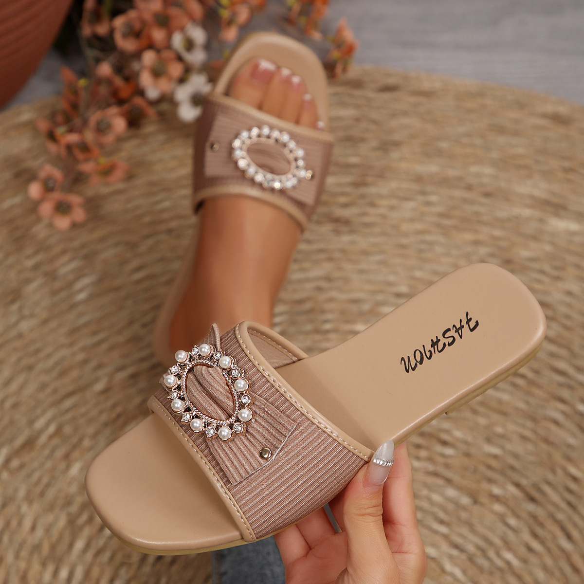 Zapatillas Planas de Punta Cuadrada para Mujer de Plástico y Tela, Cómodo, Suela Plana, para Uso Casual