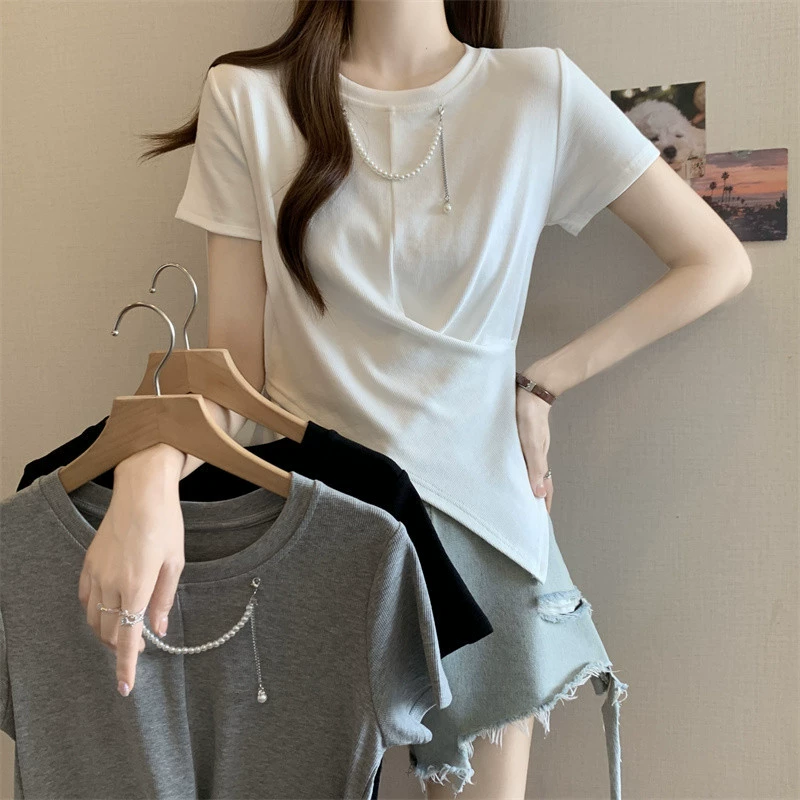 YS8 real shot ~ летняя корейская стильная асимметричная футболка с круглым вырезом на правое плечо, универсальная свободная футболка для похудения с короткими рукавами для женщин