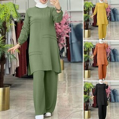 H712 # ムスリム婦人服純色2点セット服スポーツウェア気品上品長袖シャツワイドパンツカバー