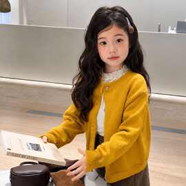 韩系中小童南瓜黄色宽松毛衣开衫女宝简约单排扣外搭针织外套