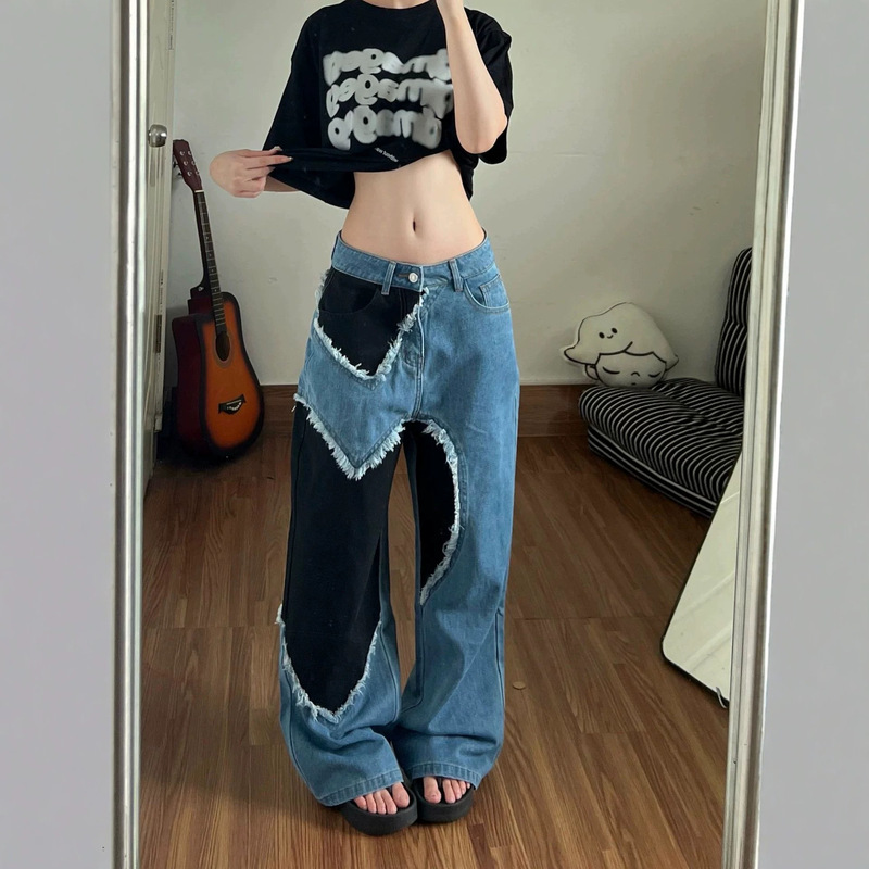 Foreign Trade European-Style Heart-Shaped Patchwork Washed Blue Wide-Leg Pants for Women, Cool and Stylish Frayed Vintage Straight-Leg Curved Denim Long Pants Foreign Trade European-Style Heart-Shaped Patchwork Washed Blue Wide-Leg Pants for Women, Cool and Stylish Frayed Vintage Straight-Leg Curved Denim Long Pants