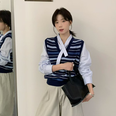 苏珊 2025秋季新款韩系复古撞色条纹V领假两件针织衫上衣女27028