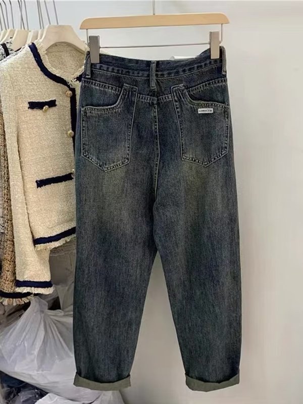 梨の形の体つきの復古のジーパンの女性の秋の新型の大きいサイズの高腰はゆったりしていて痩せています。|undefined