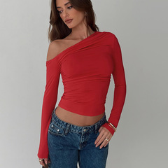 ヨーロッパとアメリカの売れ筋婦人服 2025 夏の新ファッション個性斜め肩非対称無地クロップトップ女性の卸売