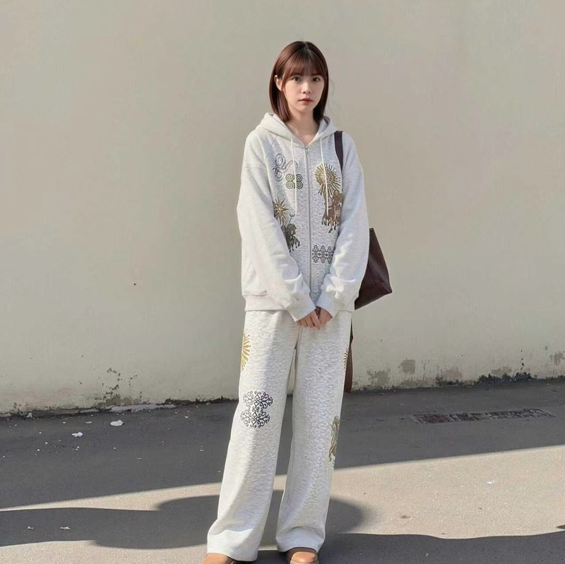 In-stock Pei Zhuhyun's same style niche Korean trendy brand printed waffle casual sweatshirt jacket and sweatpants set