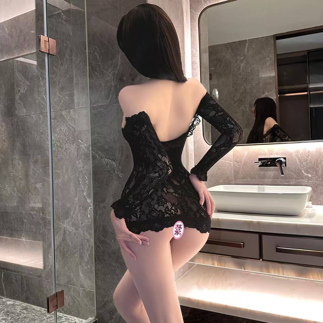 Seductive Maid Roleplay Costume Set, Polyester Uniform with Net Dress, One Size Black — detail image 5
