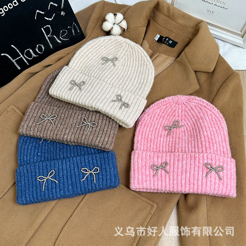 韓国版のファッションの新型の小さい香風の真珠の蝶結びの毛糸の帽子の大きい頭の周りの耳のメリヤスの冷たい帽子の頭の帽子の潮|undefined