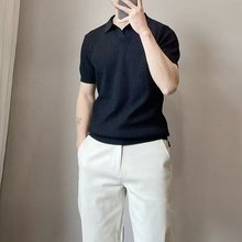 夏季翻领冰丝短袖针织衫男雅痞时尚潮流商务修身休闲凉感纯色t恤