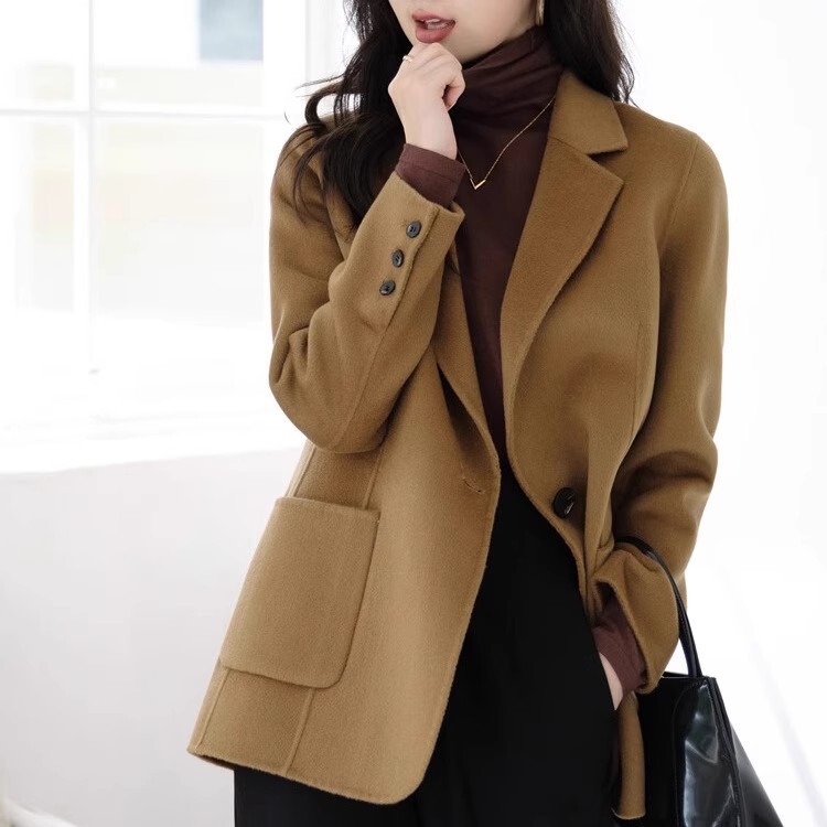 Korean Style Camel Suit Woolen Outwear for Women 2024 New Autumn and Winter Long-Sleeved Woolen Outwear Short Style for Small People