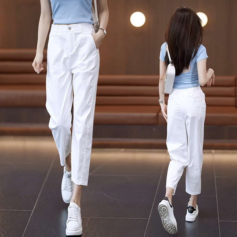 白色休闲裤女小个子夏季薄款棉料女裤2025新款显瘦西装哈伦裤春秋|undefined