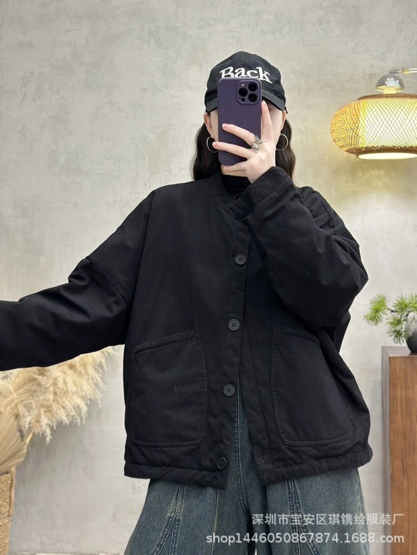 琪镌绘制冬季款韩系单排扣休闲时尚宽松百搭圆领棉衣女上衣潮185|undefined