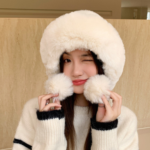 Winter and Spring New Women's Plush Fleece Lined Hooded Beanie Student Cute Outdoor Cold Proof Fashion Knitted Wool Hat