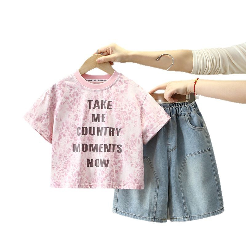 7914 traje de manga corta de verano para niños 2025 nuevos pantalones vaqueros coreanos para niños de dos piezas ropa de verano de moda para bebés