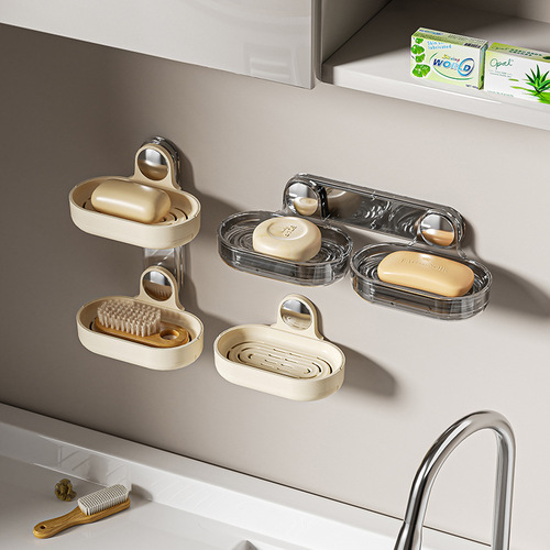 Hole-free double-layer soap holder, wall-mounted with hollow drainage, household washable high-end bathroom soap storage box