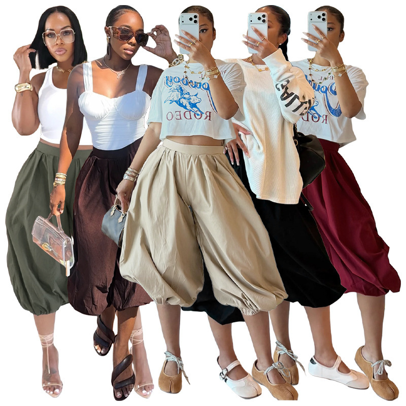 HR26038 European and American fashion women's clothing, elastic lantern-style cropped casual pants with side zipper and cuffed ankles