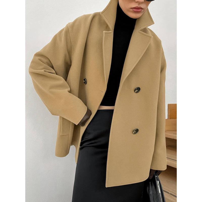 Brown Woolen Coat Mid Length Double Breasted Autumn Winter Jacket_voghion.com