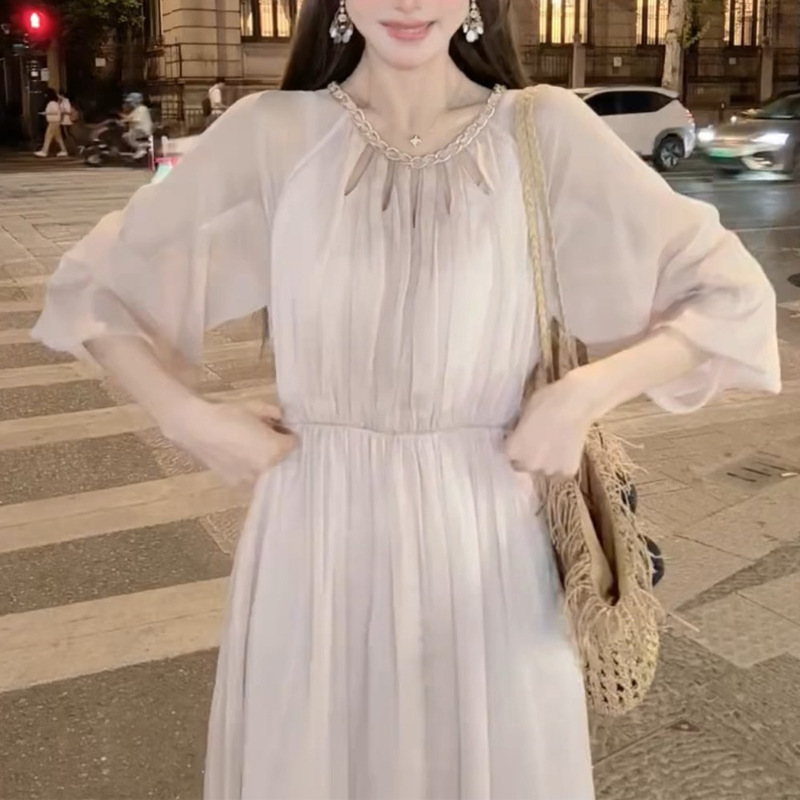 French Style Heavy Industry Elegant Sweet Pink Princess dress 2025 Summer New Fairy Waist Long Dress Women's Clothing