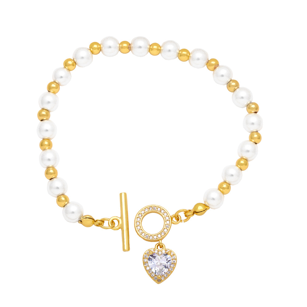 Fashion Heart Shape Copper Beaded Plating Inlay Zircon Bracelets 1 Piece
