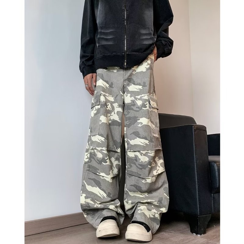 美式复古迷彩工装牛仔裤男百搭宽松阔腿长裤做旧多口袋牛仔裤男|undefined