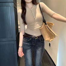 半开领正肩中袖t恤女装潮韩版2025早秋季新款设计感chic别致上衣