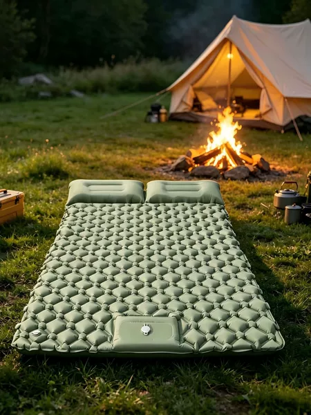Factory Direct Sales Wholesale Double Outdoor Inflatable Mat with Built-In Air Pump, Thickened Portable Camping Moisture-Proof Mat with Pillow