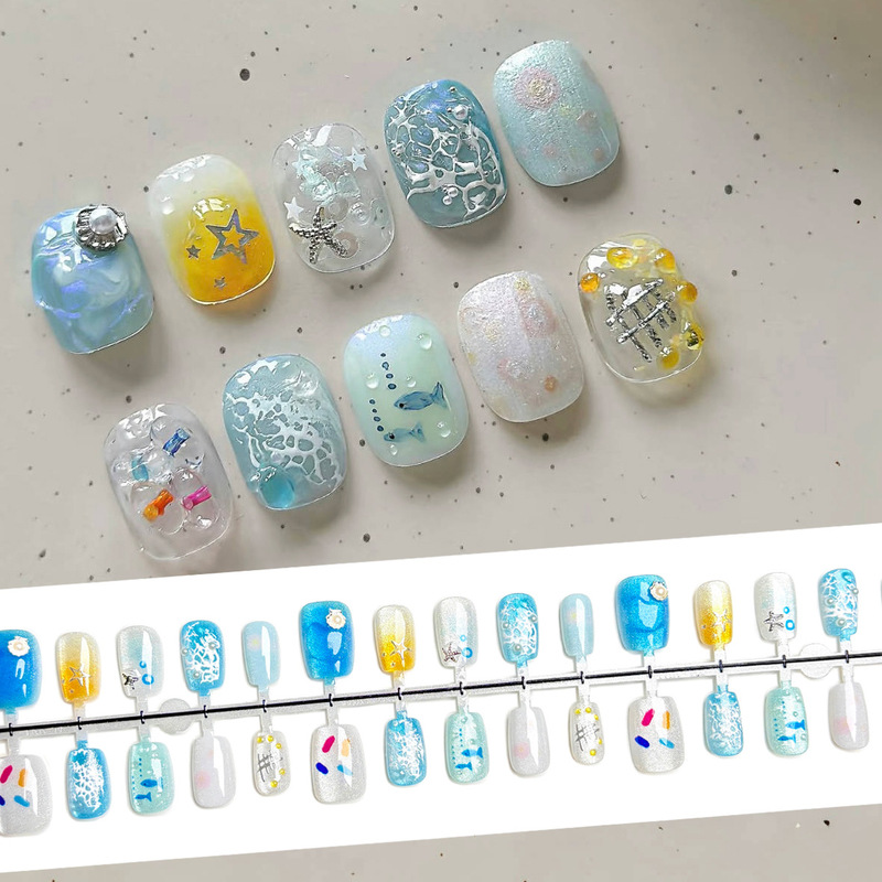 Blue Sparkling Ocean Korean Cat-Eye Wearable Nails Sweet Ins Niche Design Nail Art Patch Ultra-Short Ladder