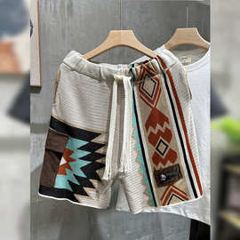 民族风提花~2024夏季美式复古针织短裤撞色刺绣几何沙滩五分男