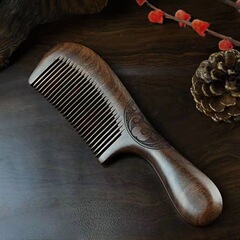 Ebony comb with long handle, dense teeth, double-sided carved solid wood comb, round-toothed head